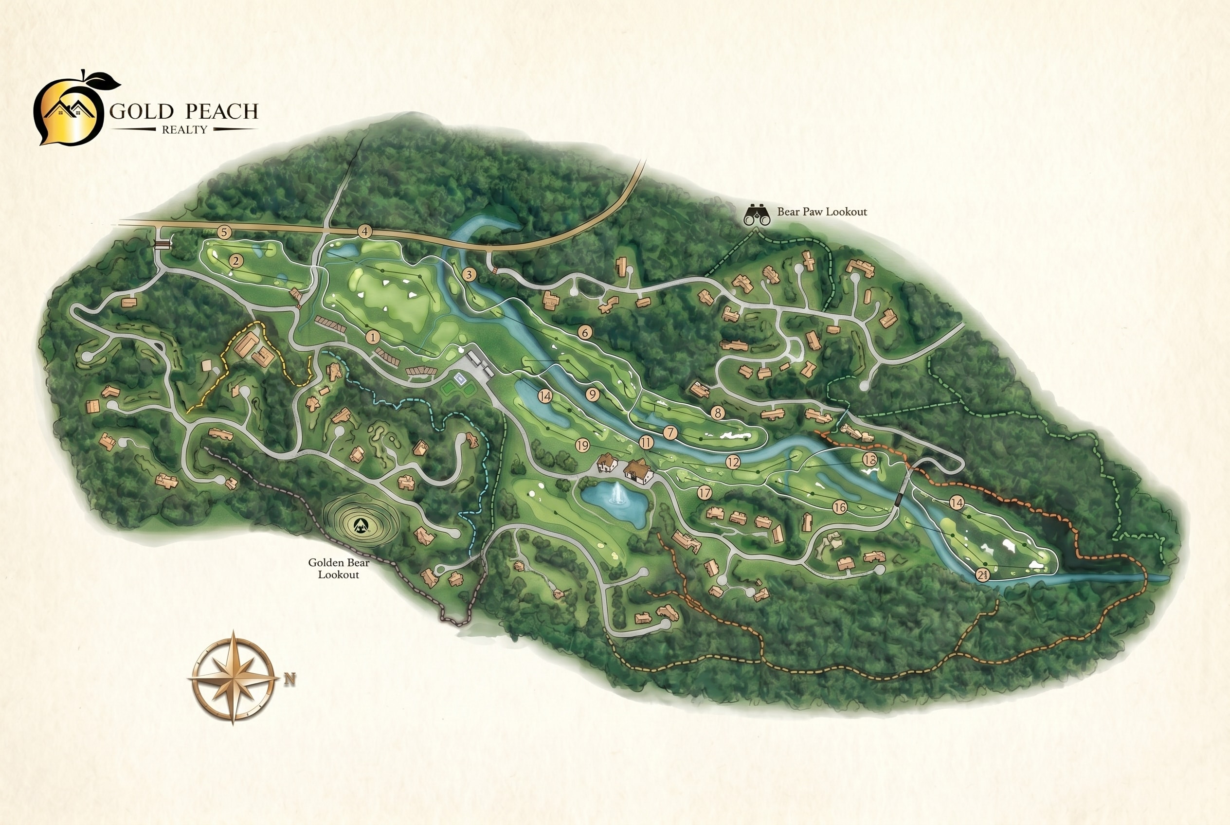 Editorial illustrated aerial of the Achasta private community in Dahlonega, Georgia, the Jack Nicklaus signature eighteen-hole golf course (each green numbered 1 through 18) wrapping the Chestatee River, the clubhouse complex with pool and tennis facility in the south-center, two ridgeline lookouts (Bear Paw to the northeast, Golden Bear to the southwest) marked with binoculars icons, dashed walking trails connecting the river park to the lookouts and the clubhouse, and Prime Fishing Hole on the east outlet. The Gold Peach Realty office sits just outside the gate to the west, exit the privacy gate, turn left on US Highway 19/60.