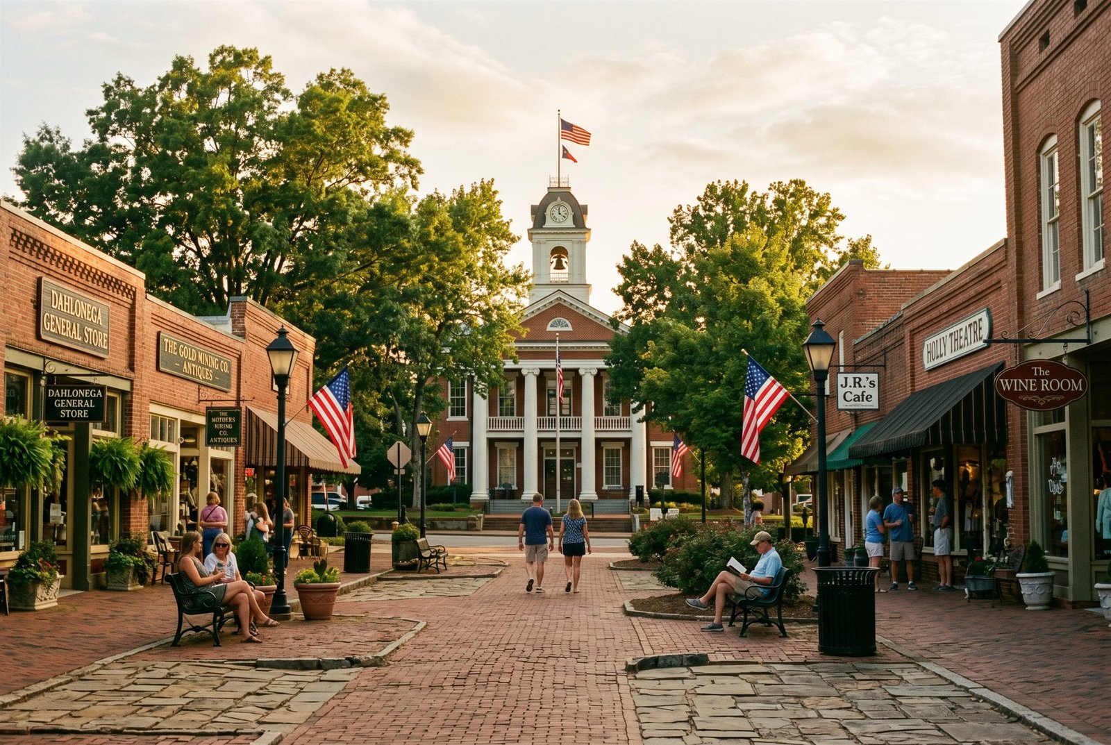 Downtown Dahlonega Georgia town square — historic gold-rush brick storefronts and the central courthouse — AI-generated reference rendering
