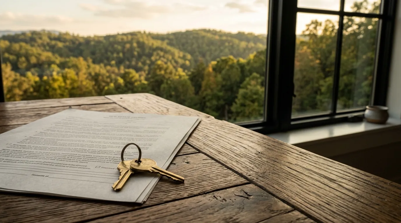 Brass house keys resting on real estate documents on a wooden table, with a sunlit, tree-covered hillside visible through a large window