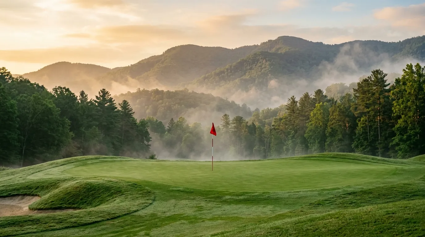 Morning mist rises over a pristine golf green, framing a red flagstick against a backdrop of rolling, forested blue mountains