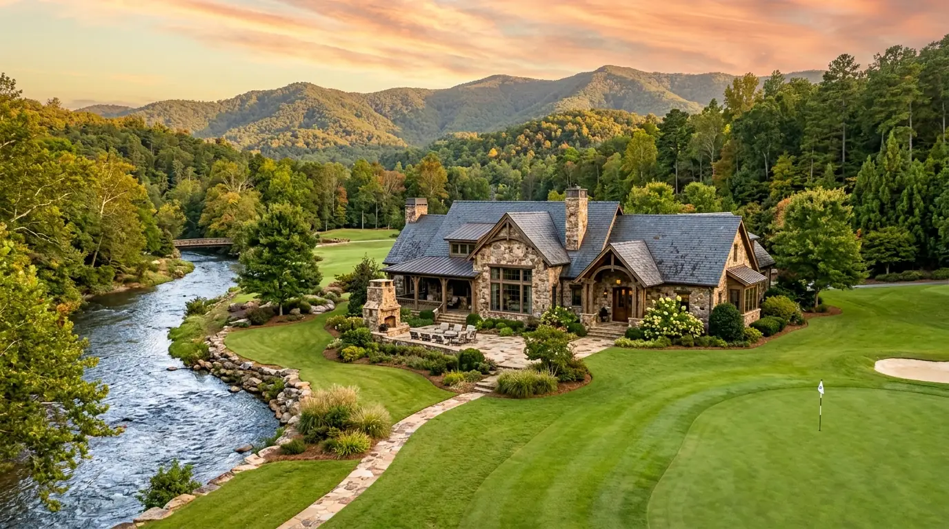 An upscale stone home situated on a manicured lot, directly bordering a green golf course fairway and a flowing river
