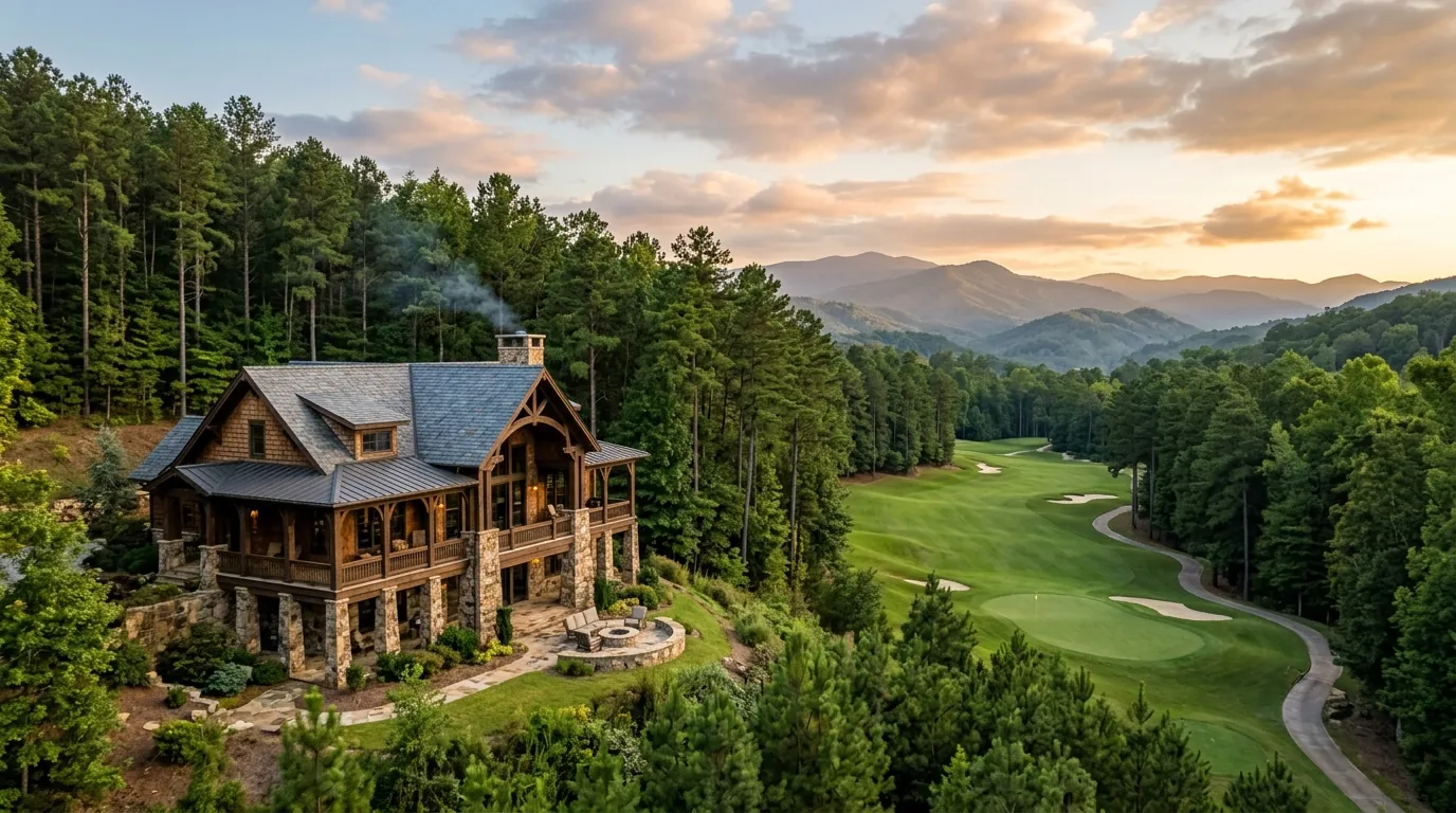 A craftsman luxury home overlooking a lush, rolling golf green flanked by tall pines and distant misty mountain peaks