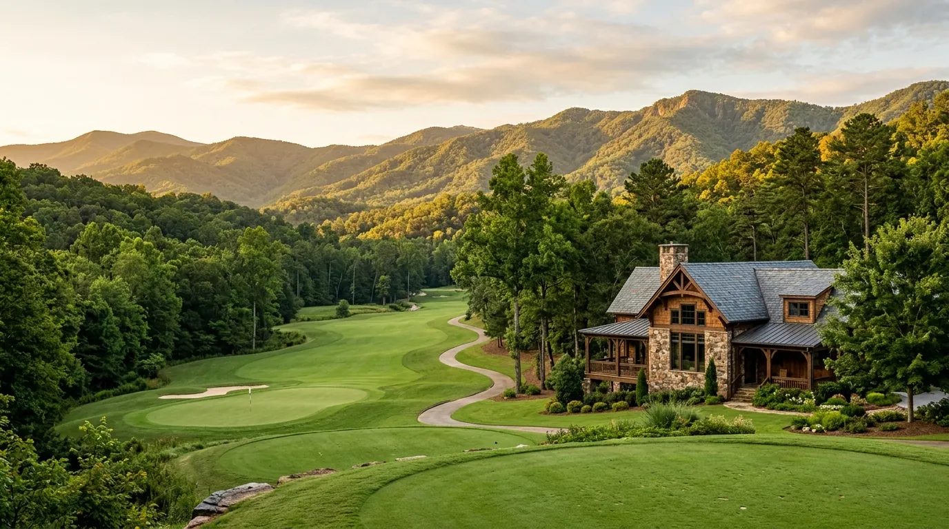 A timber-and-stone house sits beside a lush, manicured golf fairway, framed by rolling, forested mountain peaks bathed in golden morning light