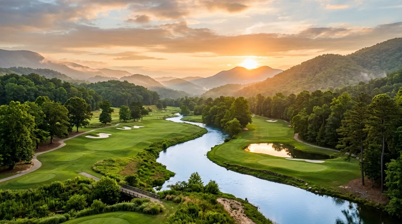 A tranquil river winds past manicured, rolling fairways framed by lush, misty mountain peaks glowing in the soft light of sunset