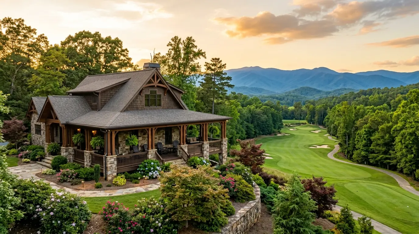 A craftsman-style house with a wide porch overlooks a manicured golf fairway framed by distant blue mountain ridges