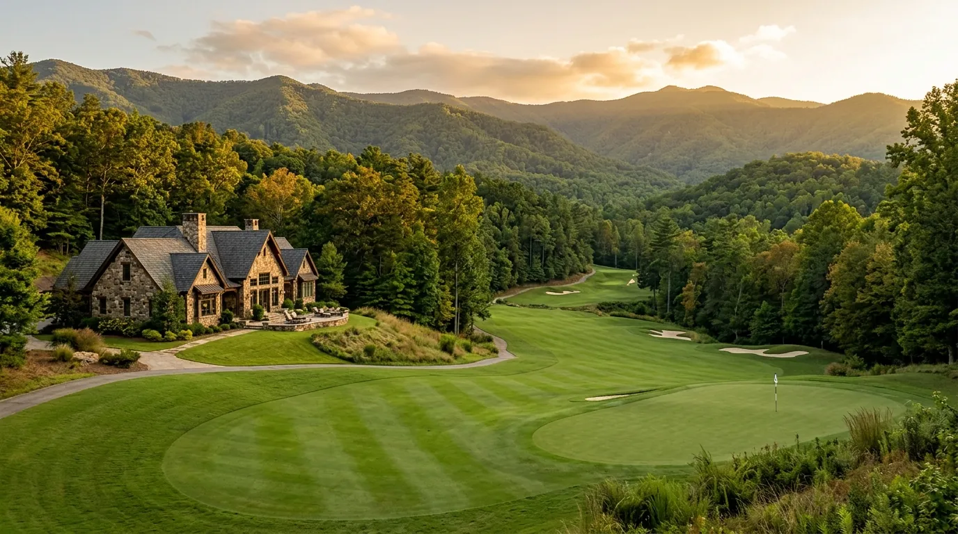 A pristine golf fairway edges a luxury stone home, framed by lush forested hills and sweeping mountain ridges