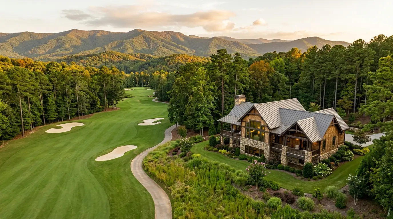A modern craftsman home nestled along a manicured golf fairway, surrounded by tall pine trees with rolling forested hills in the background