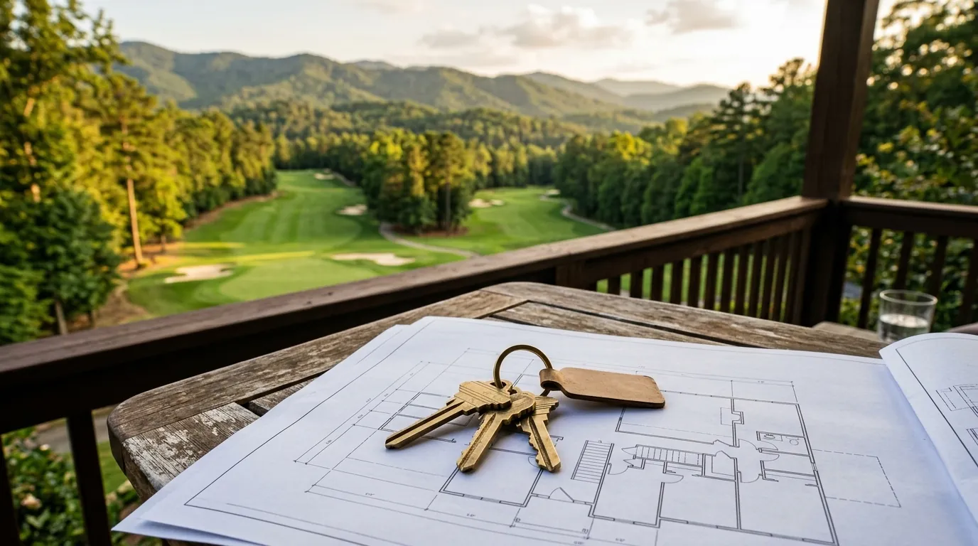Brass house keys resting on printed floor plans on a balcony table, overlooking a manicured golf course fairway and forested mountain ridge