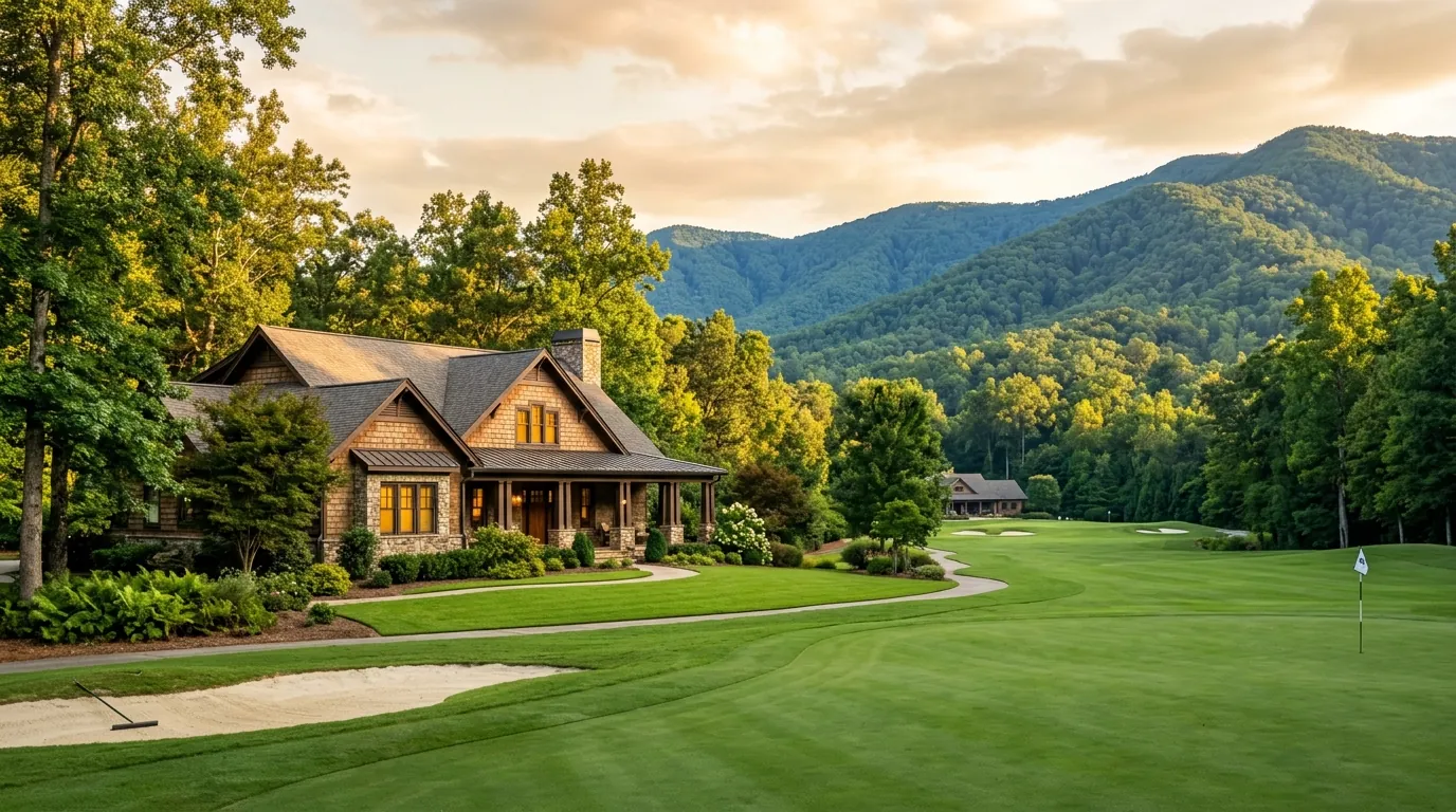 A sunlight-dappled craftsman house with a manicured lawn sits adjacent to a pristine golf course fairway against a backdrop of forested mountains