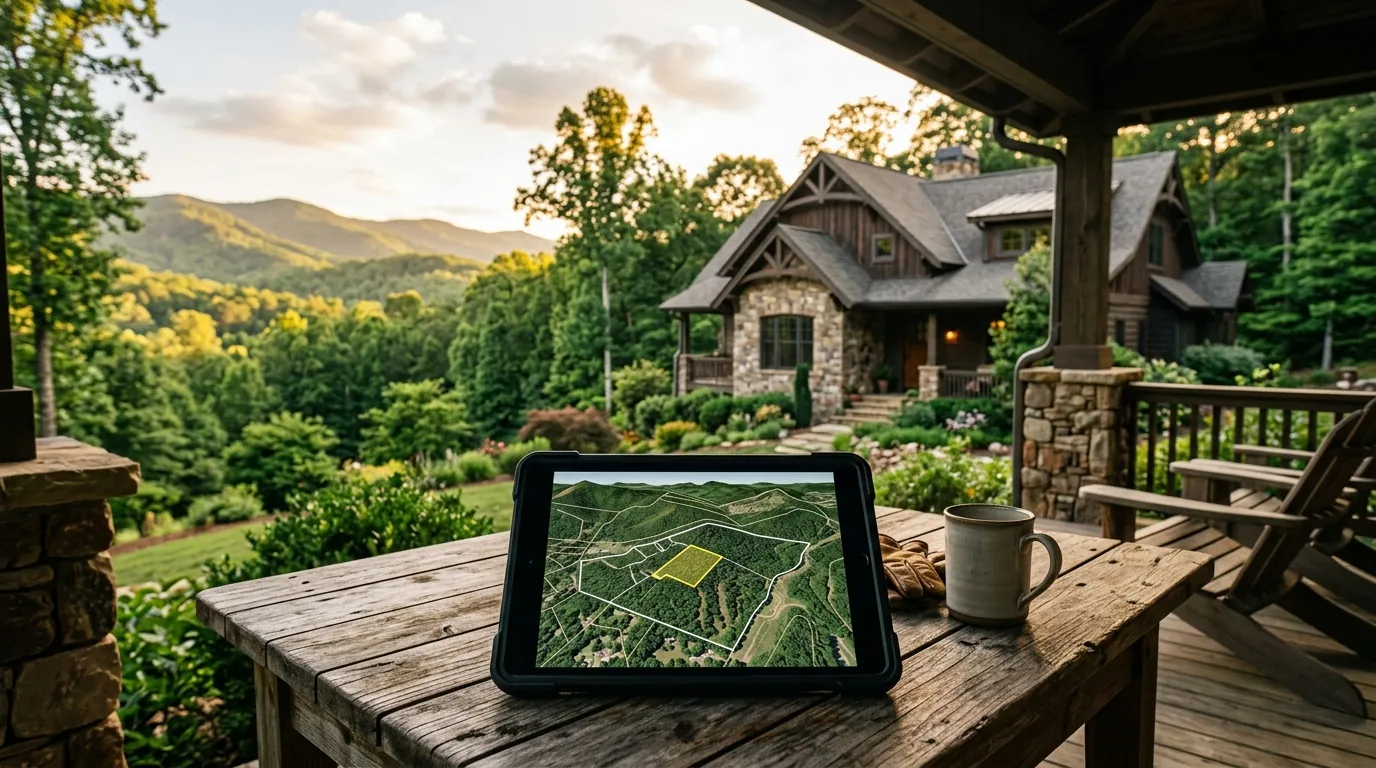 A digital tablet displaying a residential property map sits on a porch table overlooking a craftsman home nestled in lush green hills