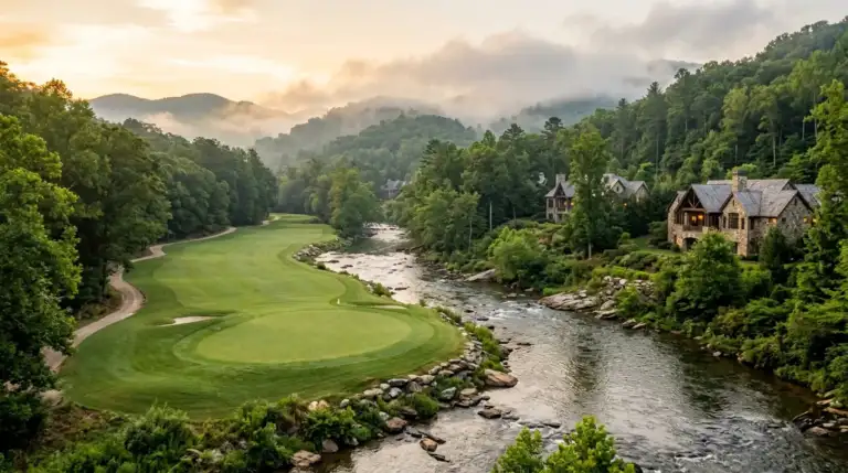 A manicured golf fairway beside a clear river, with stone homes among wooded, misty hills