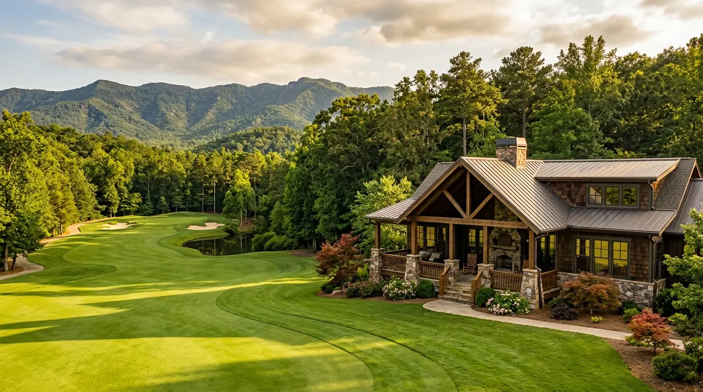 A craftsman-style home with stone pillars set against forested mountain hills, bordering a sunlit, perfectly manicured golf fairway
