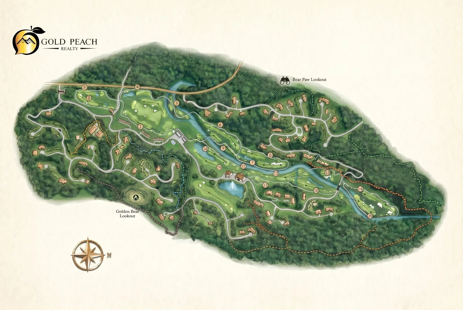 Editorial illustrated aerial of the Achasta private community in Dahlonega, Georgia, the Jack Nicklaus signature eighteen-hole golf course (each green numbered 1 through 18) wrapping the Chestatee River, the clubhouse complex with pool and tennis facility in the south-center, two ridgeline lookouts (Bear Paw to the northeast, Golden Bear to the southwest) marked with binoculars icons, dashed walking trails connecting the river park to the lookouts and the clubhouse, and Prime Fishing Hole on the east outlet. The Gold Peach Realty office sits just outside the gate to the west, exit the privacy gate, turn left on US Highway 19/60.